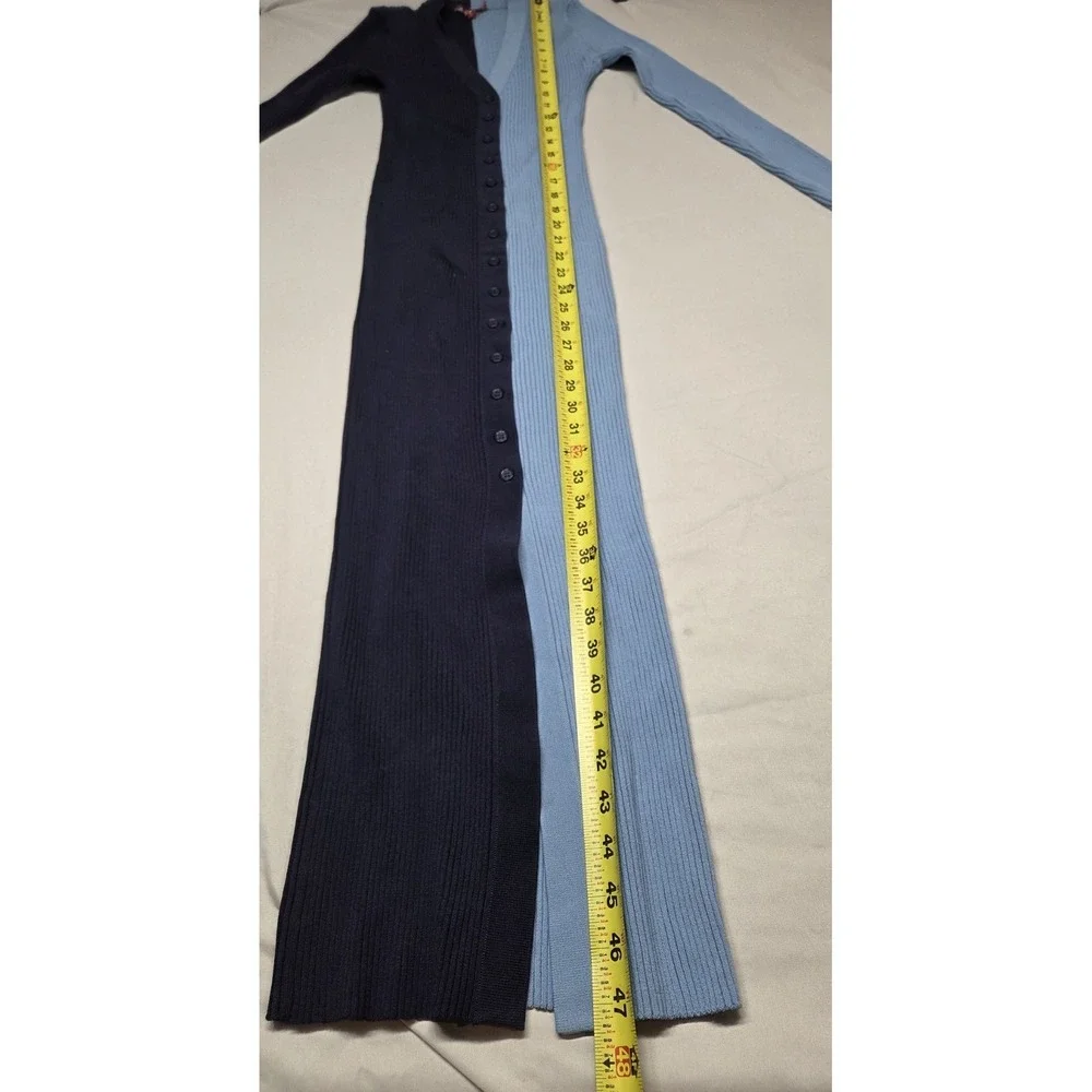 STAUD Shoko Navy Lt Blue Colorblock Ribbed Knit Buttondown Midi Sweater Dress S - Picture 8 of 12